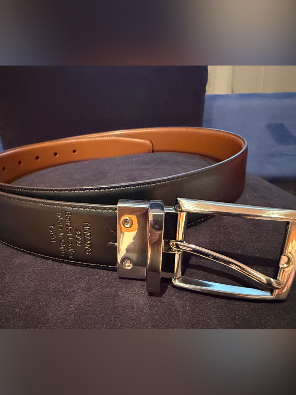 Penquin Men's Black/Tan Leather Belt with Polished Silver Buckle